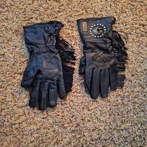 Wille G,woman's size 12 black leather motorcycle set, jacket, chaps,and gloves.